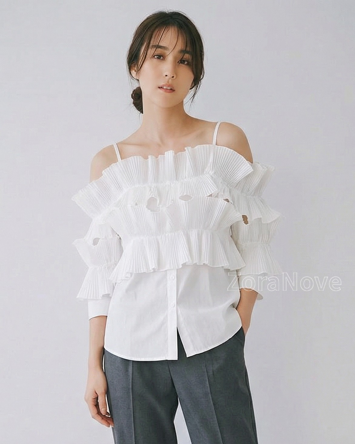 一字領荷葉褶層次感襯衫