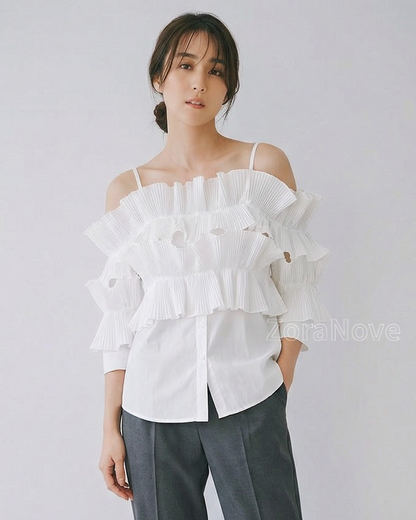 一字領荷葉褶層次感襯衫