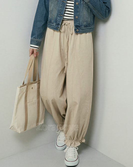 高腰繫繩花苞造型燈籠寬褲（九分長）