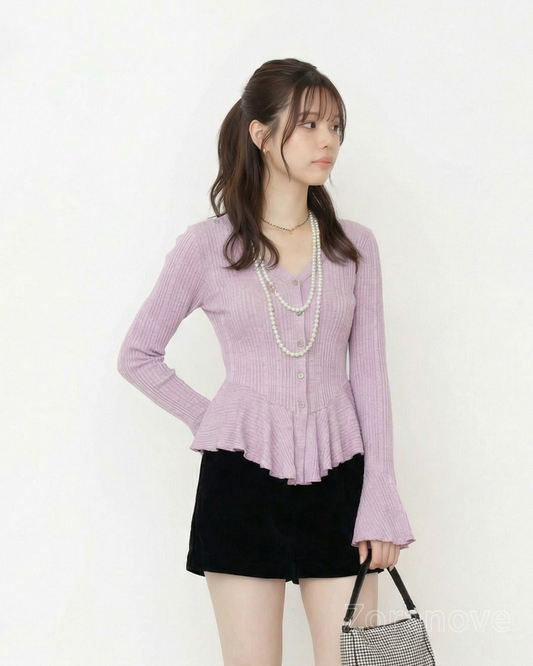 V領排釦收腰荷葉邊長袖T恤