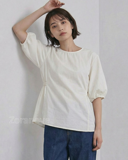 泡泡袖收腰V背開衩襯衫