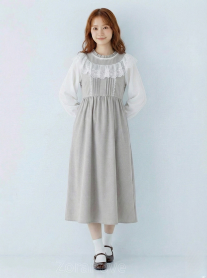 蕾絲荷葉領收腰A字假兩件長袖洋裝