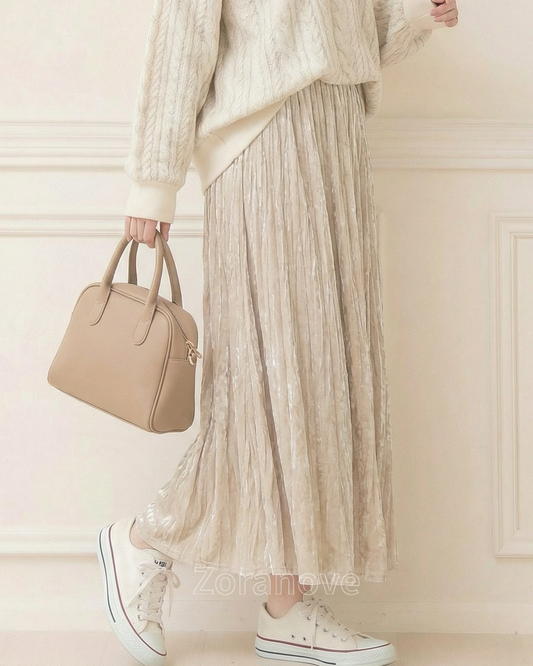 珠光感褶皺高腰垂墜百褶長裙