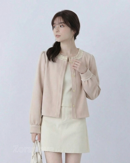 蕾絲花邊圓領直筒短版開襟外套