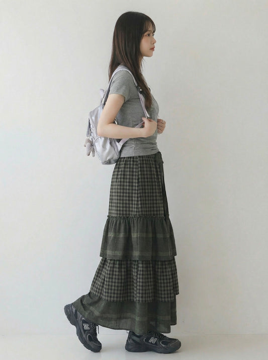 黑色鬆緊腰繫帶蛋糕層次長版半身裙