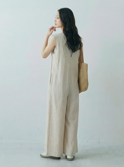 深V翻領闊腿無袖連身褲