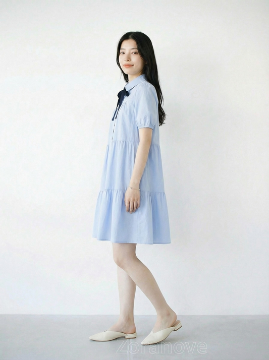 蝴蝶結領口 × 泡泡袖 × 蛋糕裙式襯衫洋裝