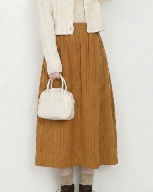 高腰鬆緊腰褶皺質感中長A字裙