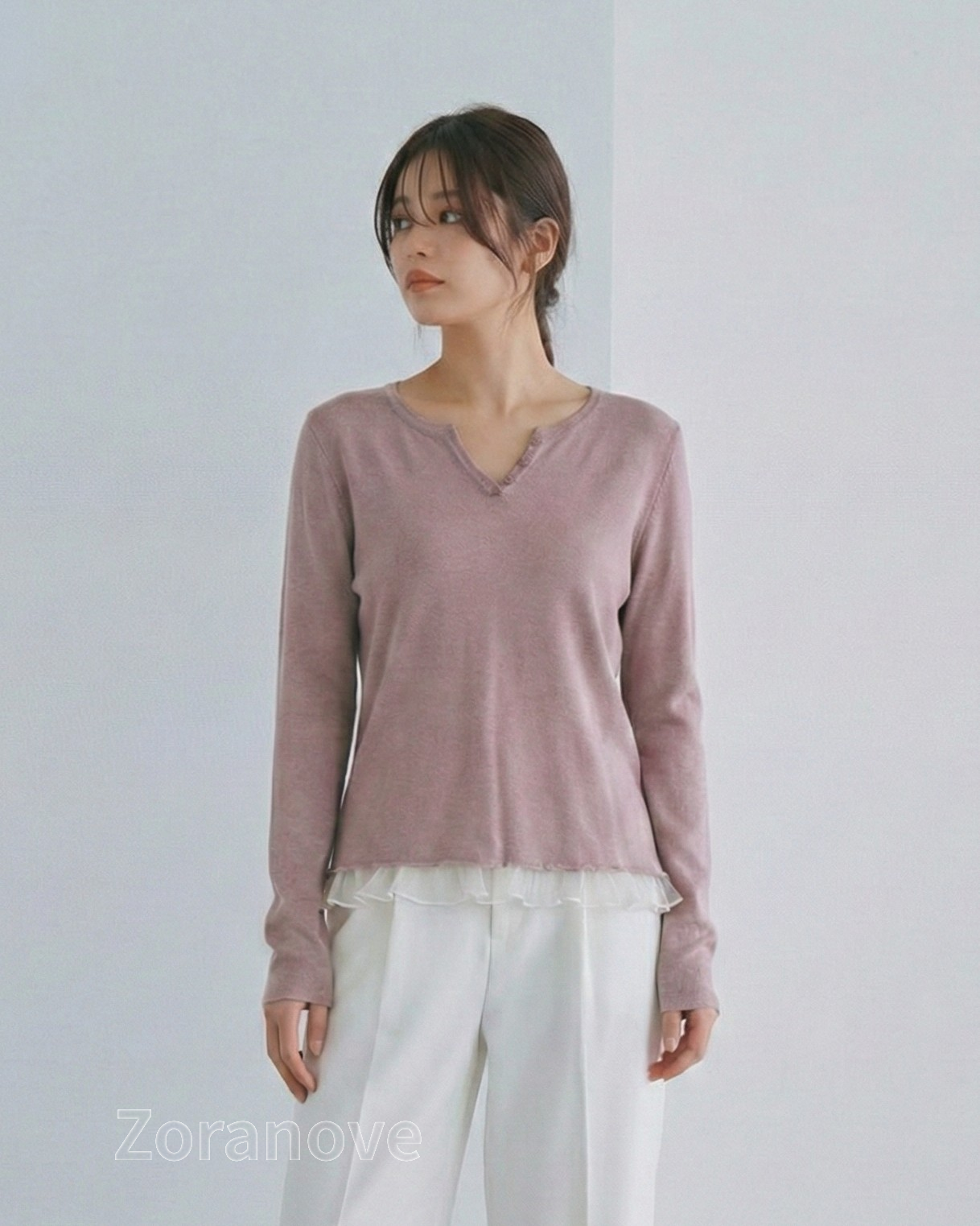 V領排扣拼接荷葉邊針織衫