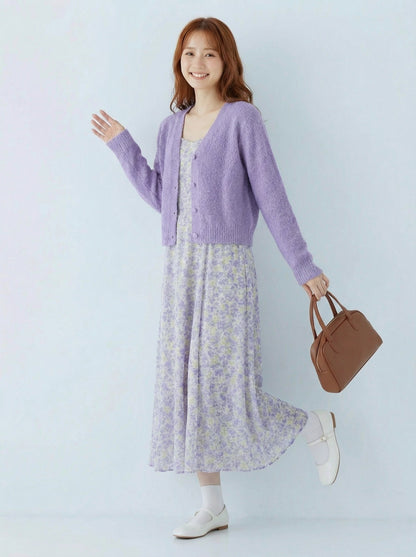 淺紫色慵懶風針織開襟衫＋碎花吊帶長洋裝兩件式套組