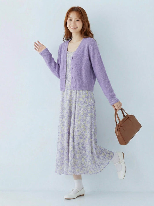 淺紫色慵懶風針織開襟衫＋碎花吊帶長洋裝兩件式套組