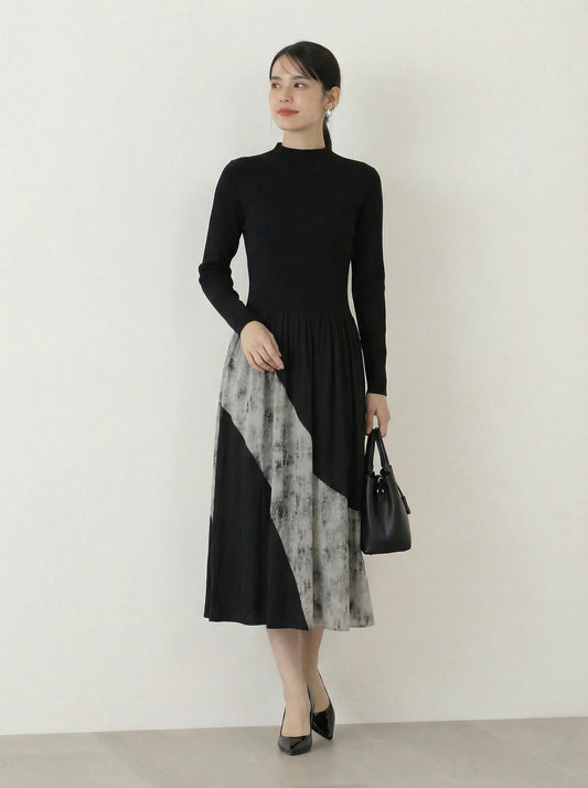 半高領拼接百褶針織洋裝
