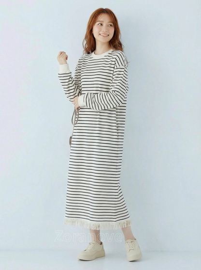 黑色細條紋流蘇下擺寬鬆連身裙