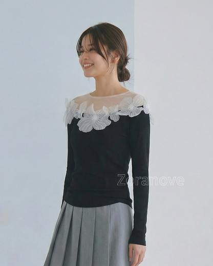 網紗拼接一字領立體花朵長袖T恤