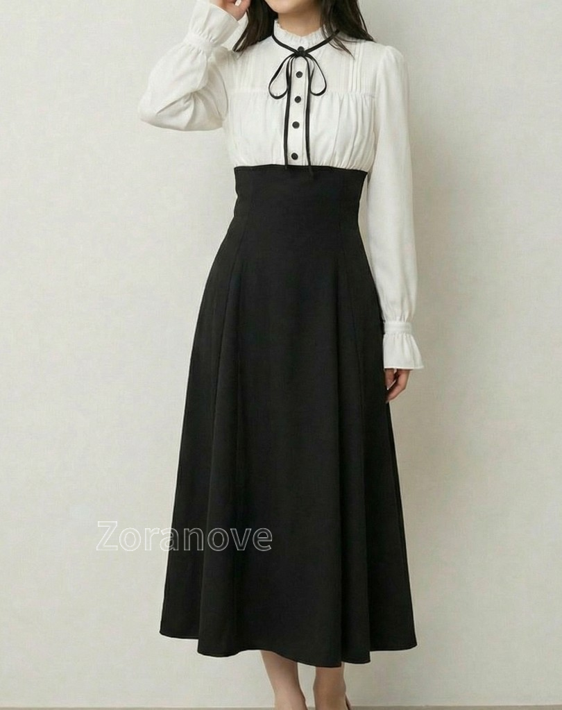 蝴蝶結立領拼接高腰收腰假兩件連身裙