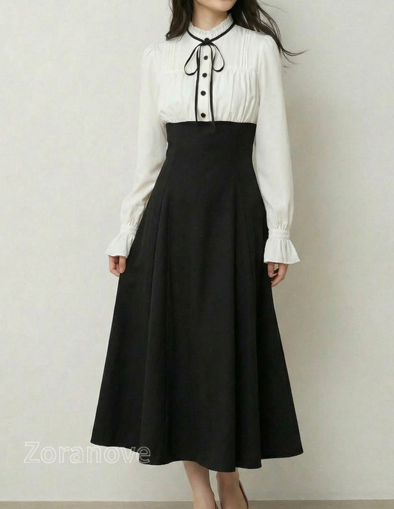 蝴蝶結立領拼接高腰收腰假兩件連身裙