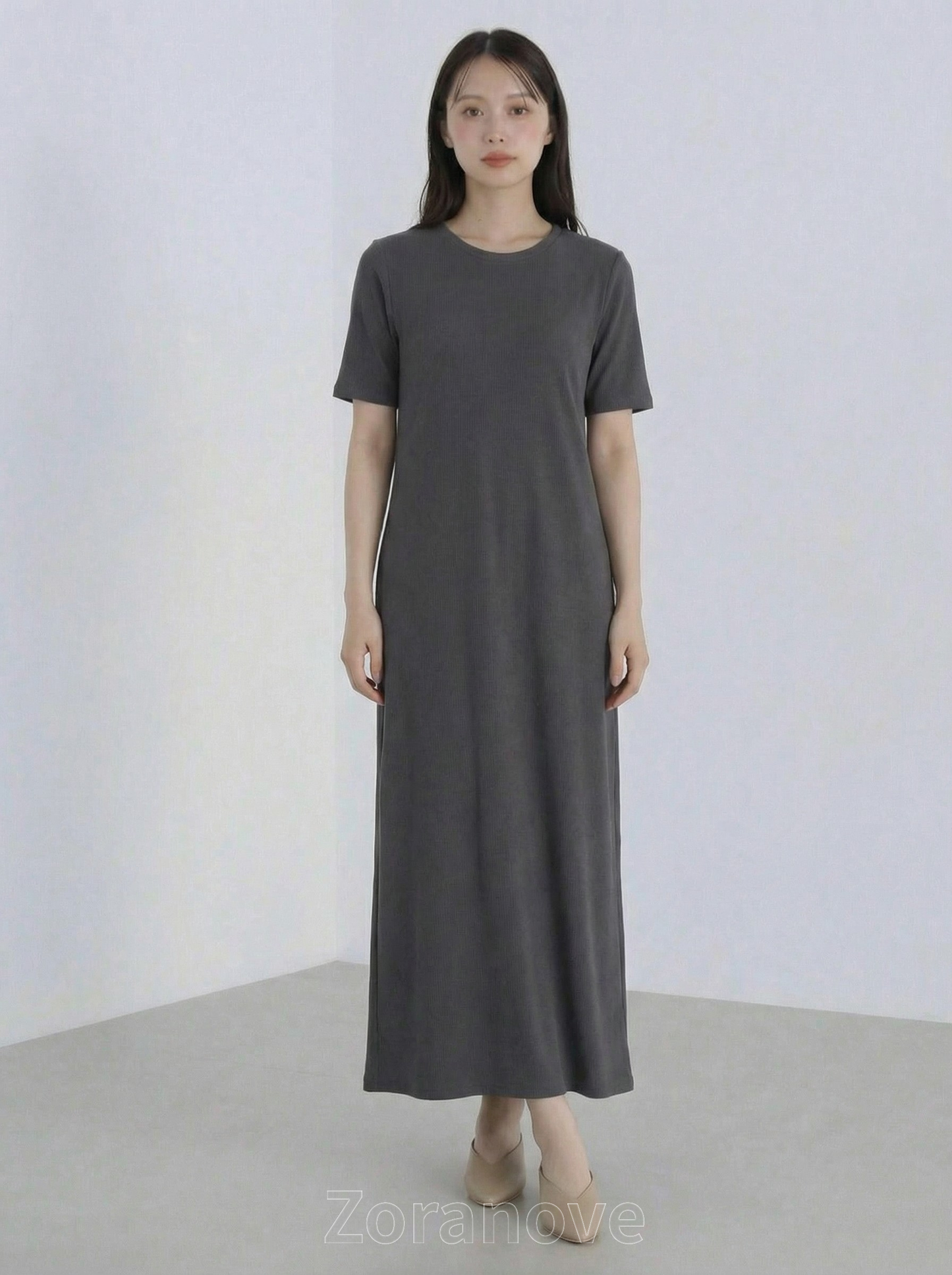 圓領短袖直筒垂墜感長版洋裝