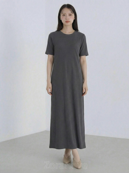 圓領短袖直筒垂墜感長版洋裝