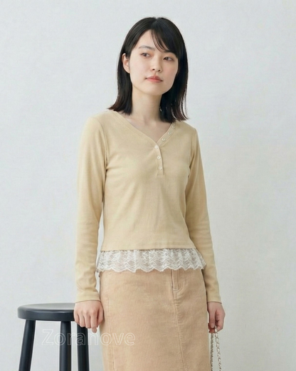 V領排扣蕾絲拼接內搭上衣