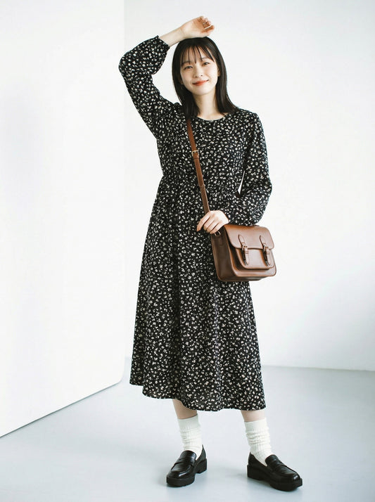 V領收腰長袖碎花洋裝