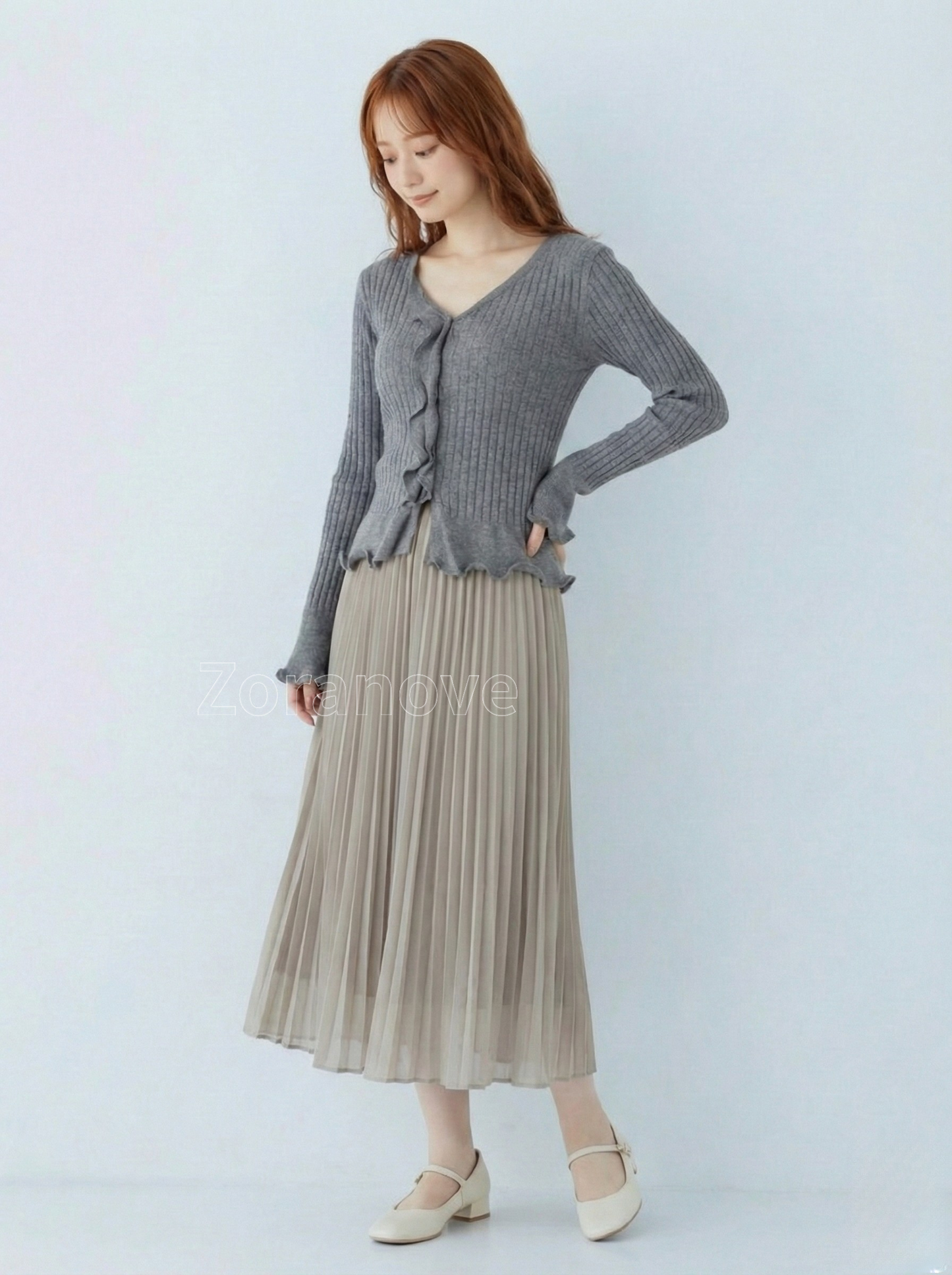 灰階V領荷葉邊修身羅紋針織上衣