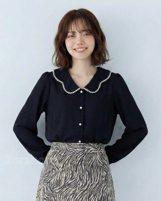 珍珠鑲邊娃娃領燈籠袖襯衫