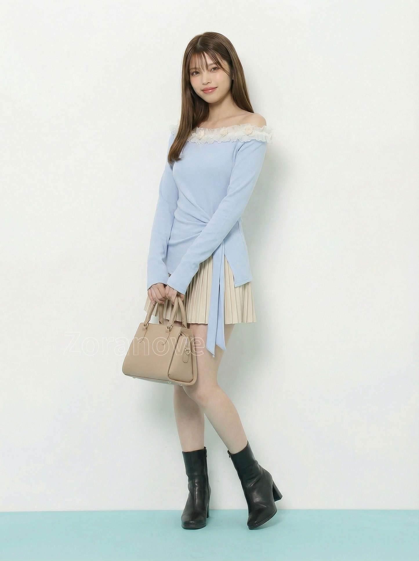 一字領蕾絲拼接側腰綁帶收腰長袖T恤