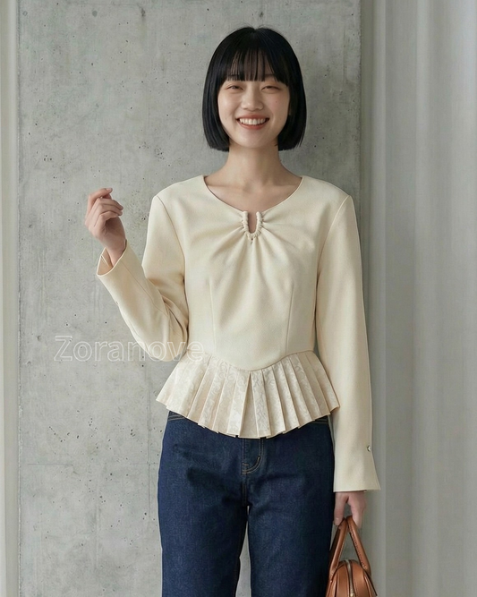 U型環扣抽褶收腰百褶荷葉下擺襯衫