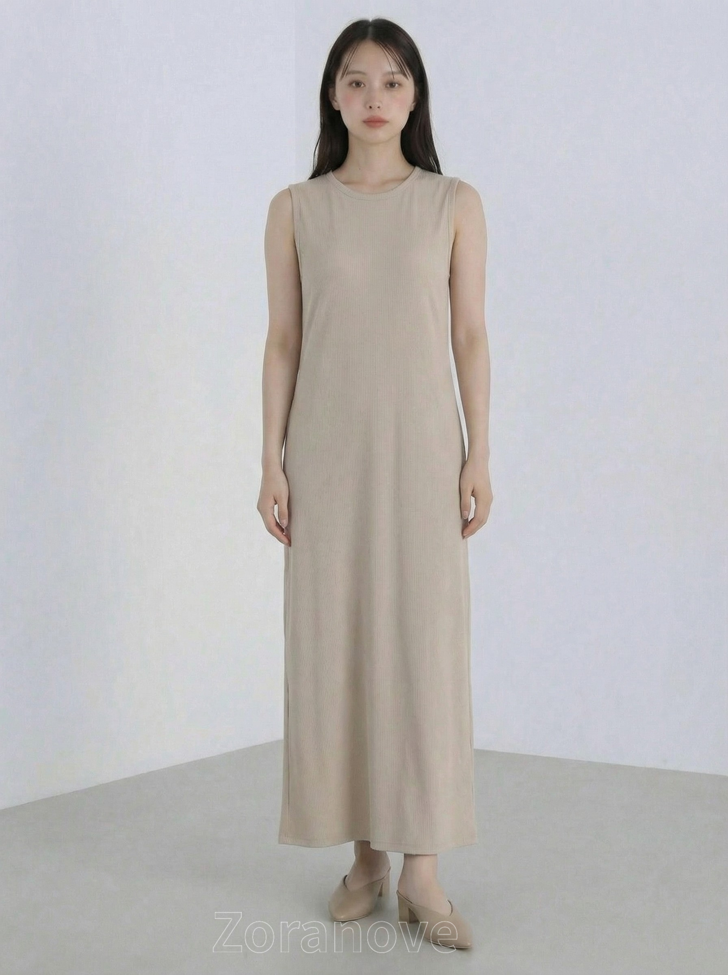 圓領短袖直筒垂墜感長版洋裝