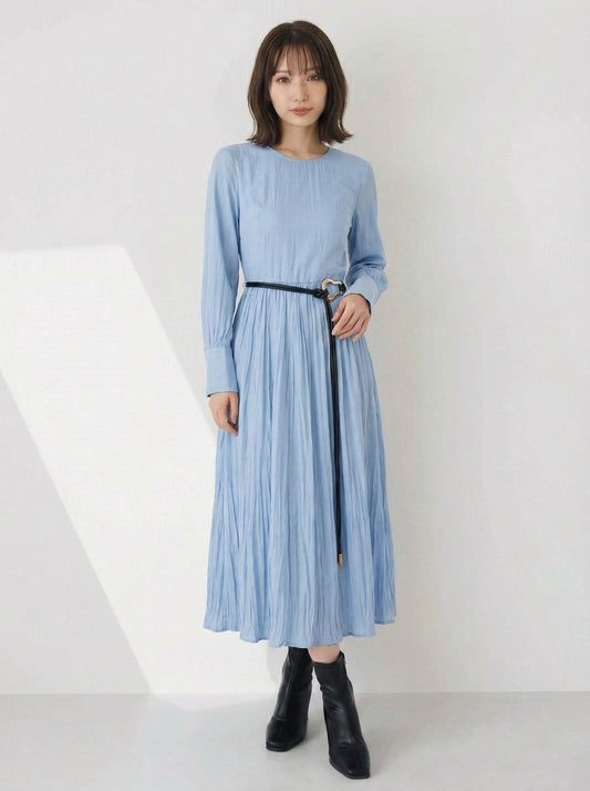 圓領收腰百褶長袖洋裝