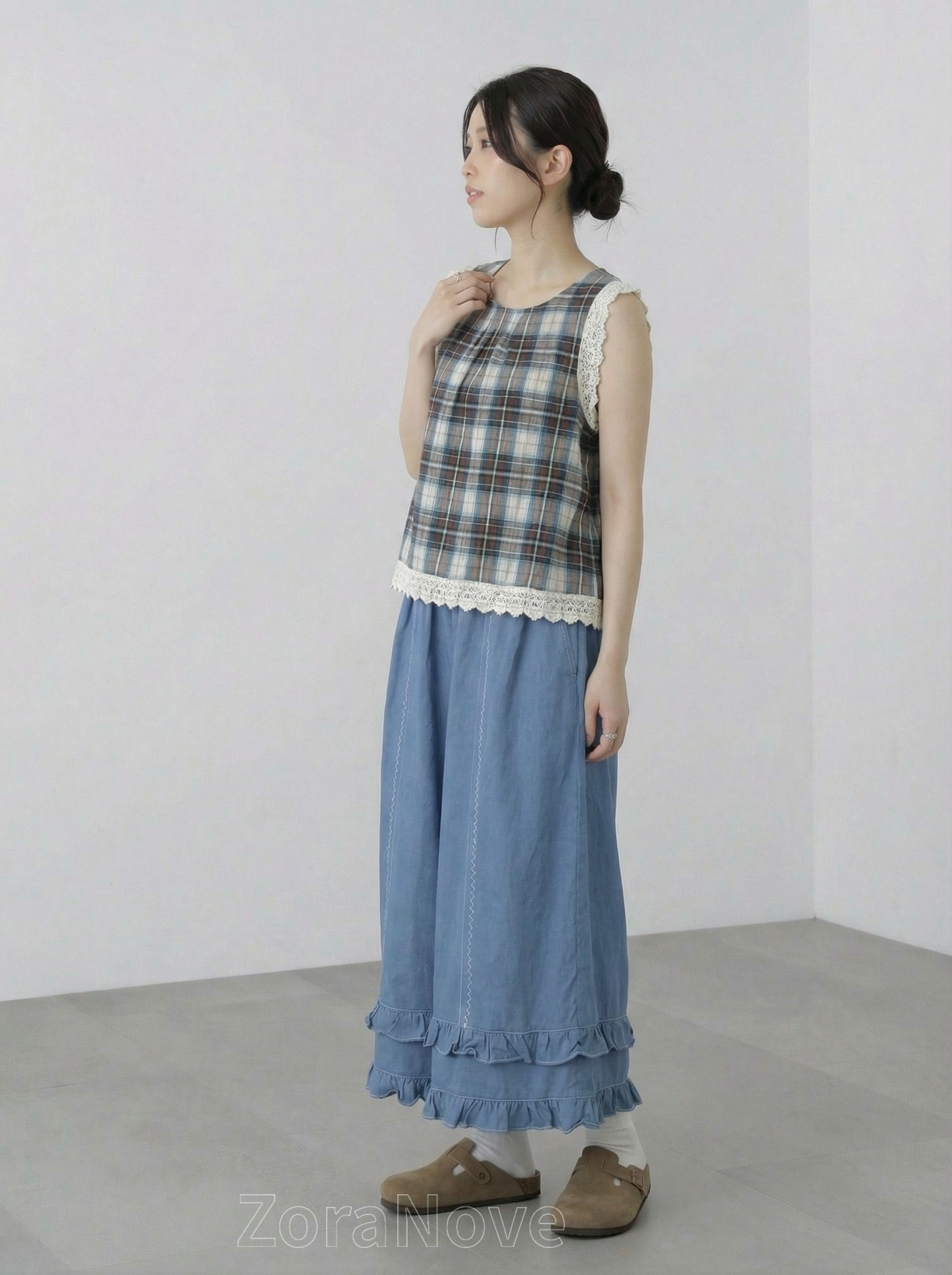 寶藍色高腰鬆緊腰褶邊闊腿長褲