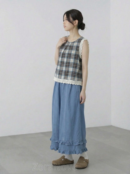 寶藍色高腰鬆緊腰褶邊闊腿長褲