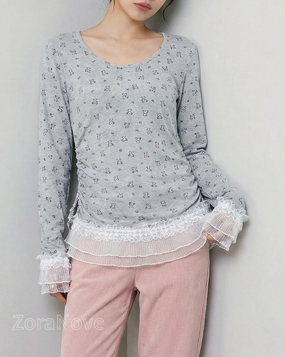 方領修身蕾絲拼接長袖T恤