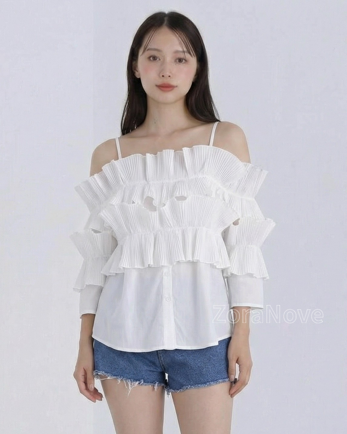 一字領荷葉褶層次感襯衫