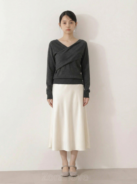 斜肩大翻領修身針織衫