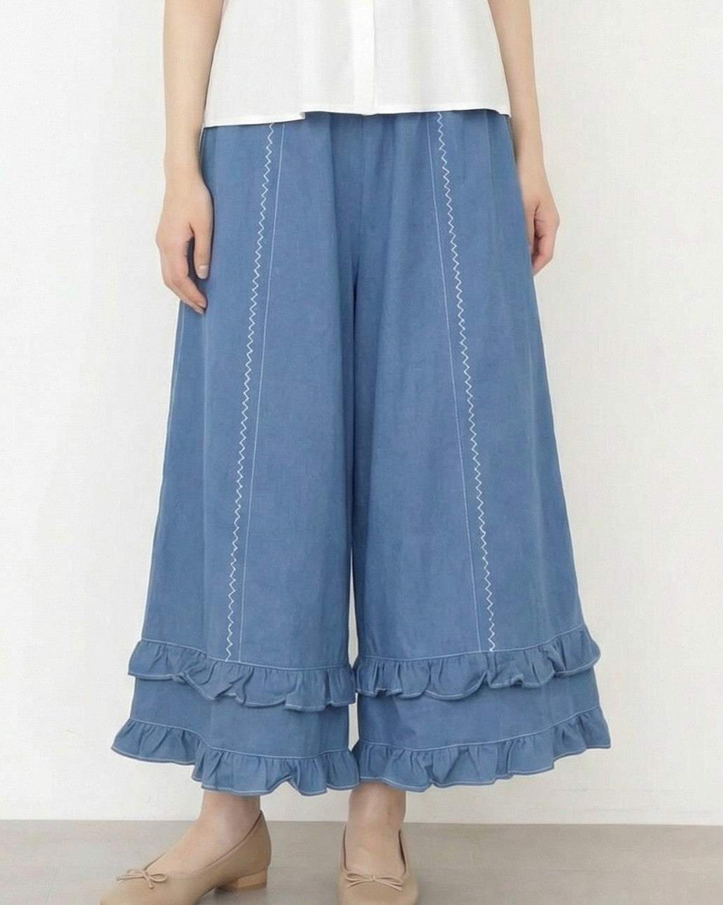 寶藍色高腰鬆緊腰褶邊闊腿長褲