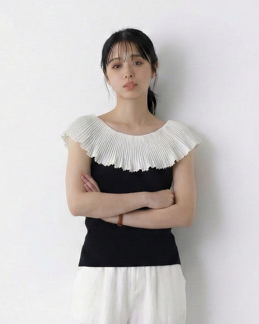 一字領荷葉邊修身短袖針織上衣