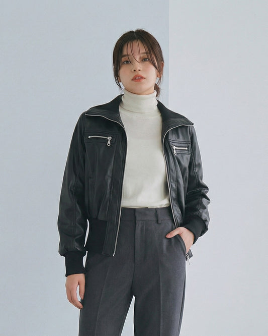 立領拉鍊收腰短版皮衣
