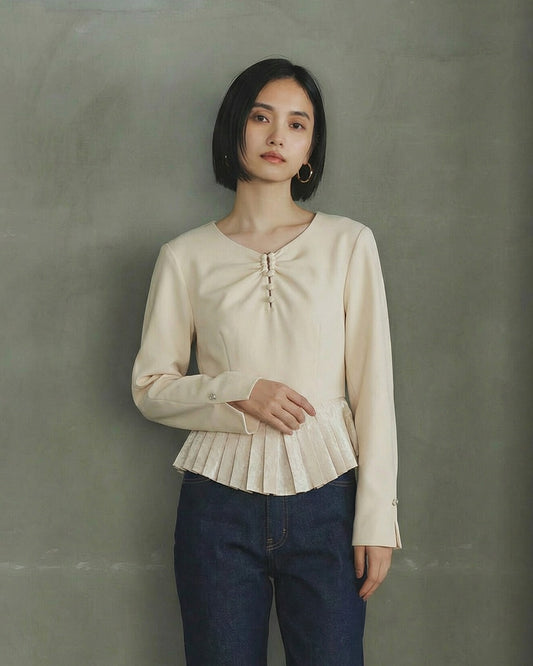 U型環扣抽褶收腰百褶荷葉下擺襯衫