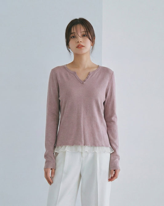 V領排扣拼接荷葉邊針織衫