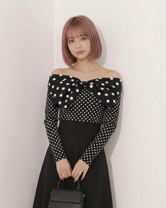 露肩蝴蝶結波點襯衫