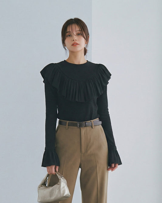 立體泡泡肩＋荷葉邊褶飾修身T恤