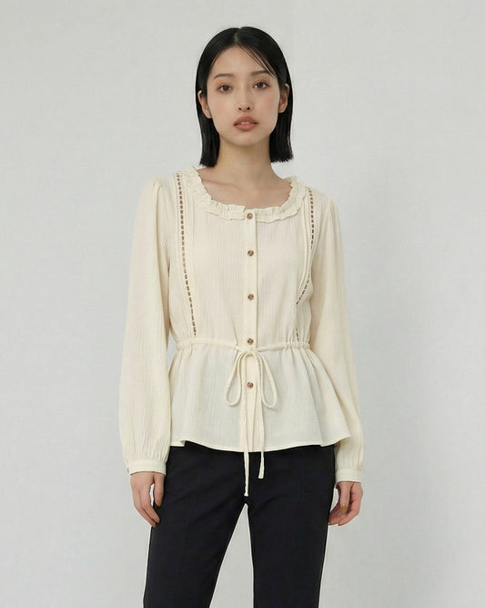 荷葉方領抽繩收腰泡泡袖長袖襯衫