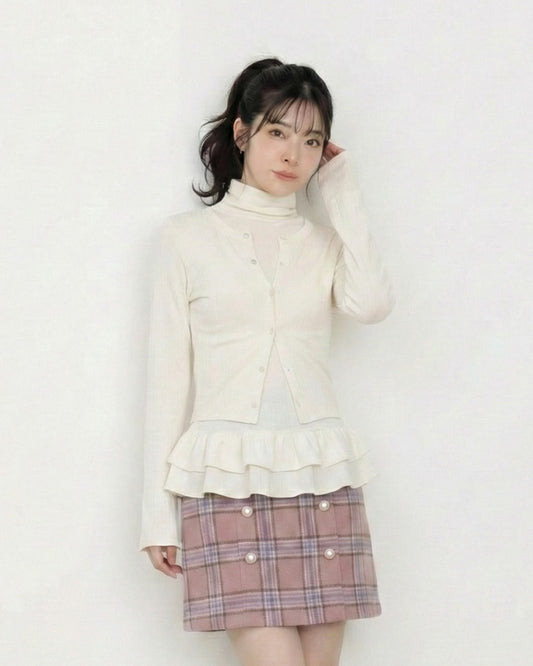 高領開衫風假兩件蛋糕下擺打底上衣