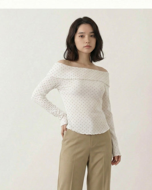 一字領露肩波點修身T恤