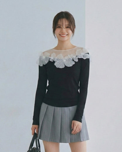 網紗拼接一字領立體花朵長袖T恤