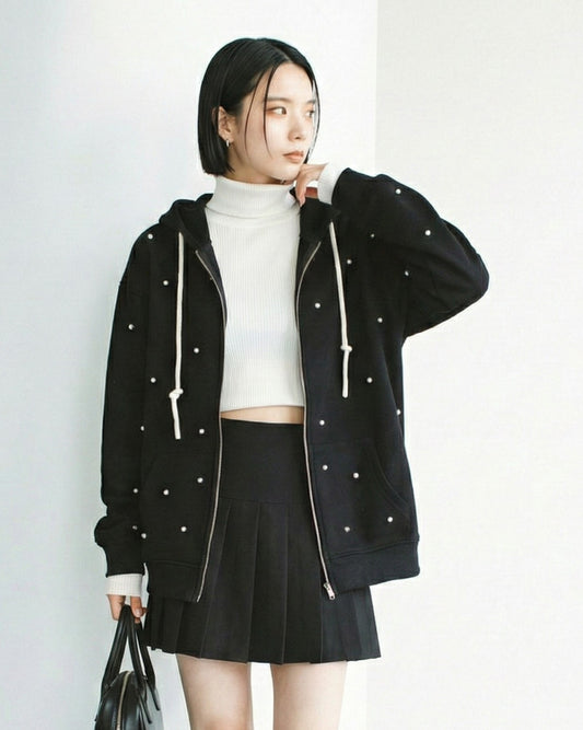 珍珠點綴寬鬆連帽開襟衛衣