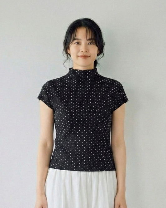 黑色波點半高領修身短袖T恤