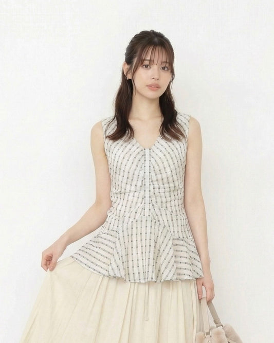 V領排扣收腰荷葉邊無袖襯衫