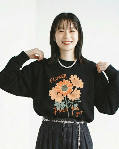 寬鬆落肩花卉印花圓領衛衣